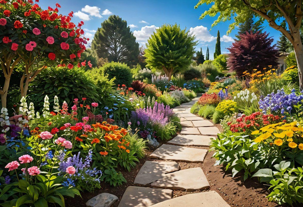 A serene landscape featuring a winding path leading through a lush, colorful garden filled with vibrant flowers and sunny skies. Along the path, joyful people of diverse backgrounds are smiling, meditating, and engaging in uplifting activities. The scene radiates positivity, with soft, glowing light enhancing the beauty and tranquility. dreamy and ethereal atmosphere. super-realistic. vibrant colors.