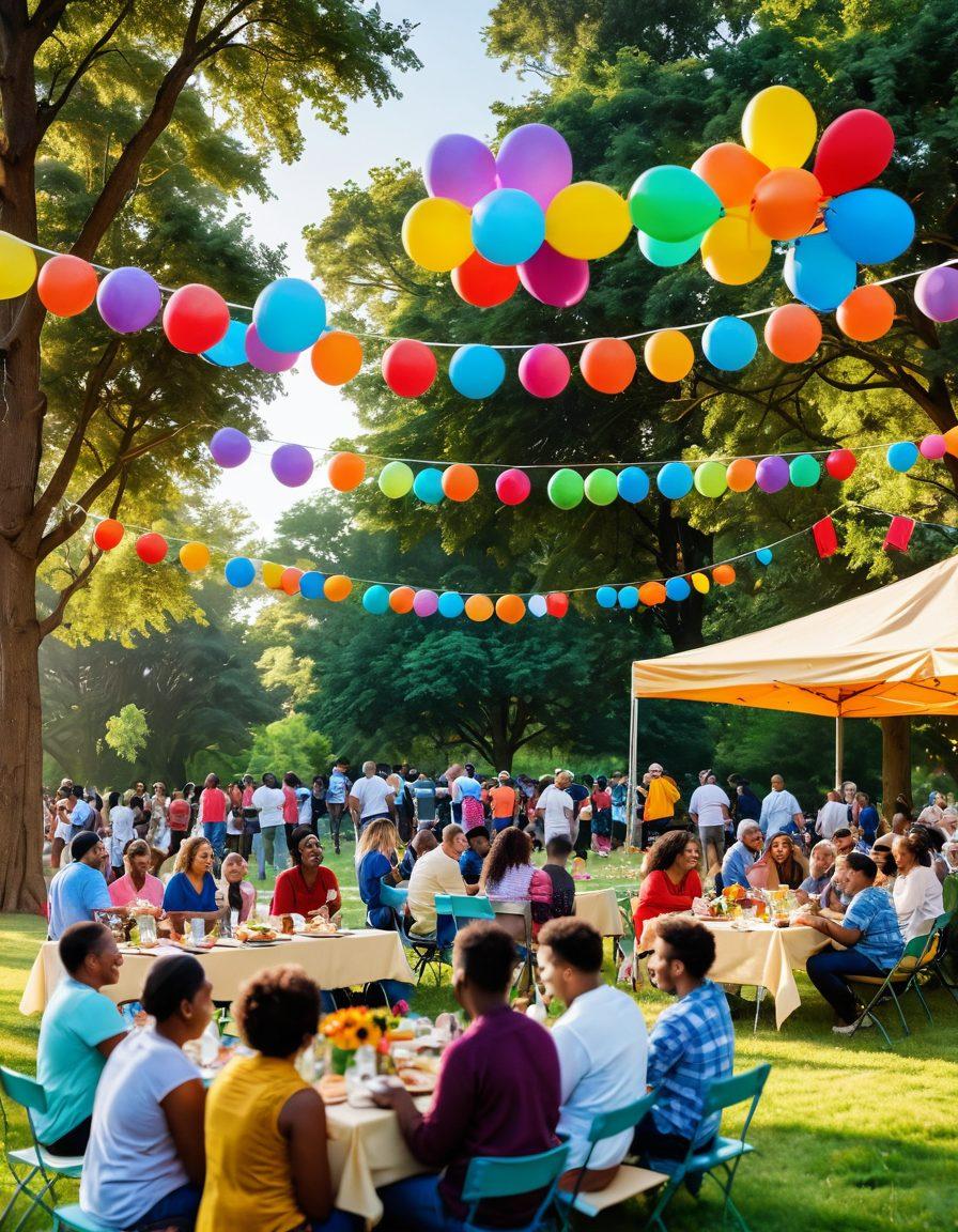 A colorful community gathering in a park, featuring diverse people laughing, sharing food, and participating in fun activities like games and crafts. Include festive decorations like banners and balloons, surrounded by lush greenery and vibrant flowers. The atmosphere should feel warm and inviting, showcasing a sense of belonging and joy. Use a sunset backdrop for a blissful ambiance. vibrant colors. super-realistic.
