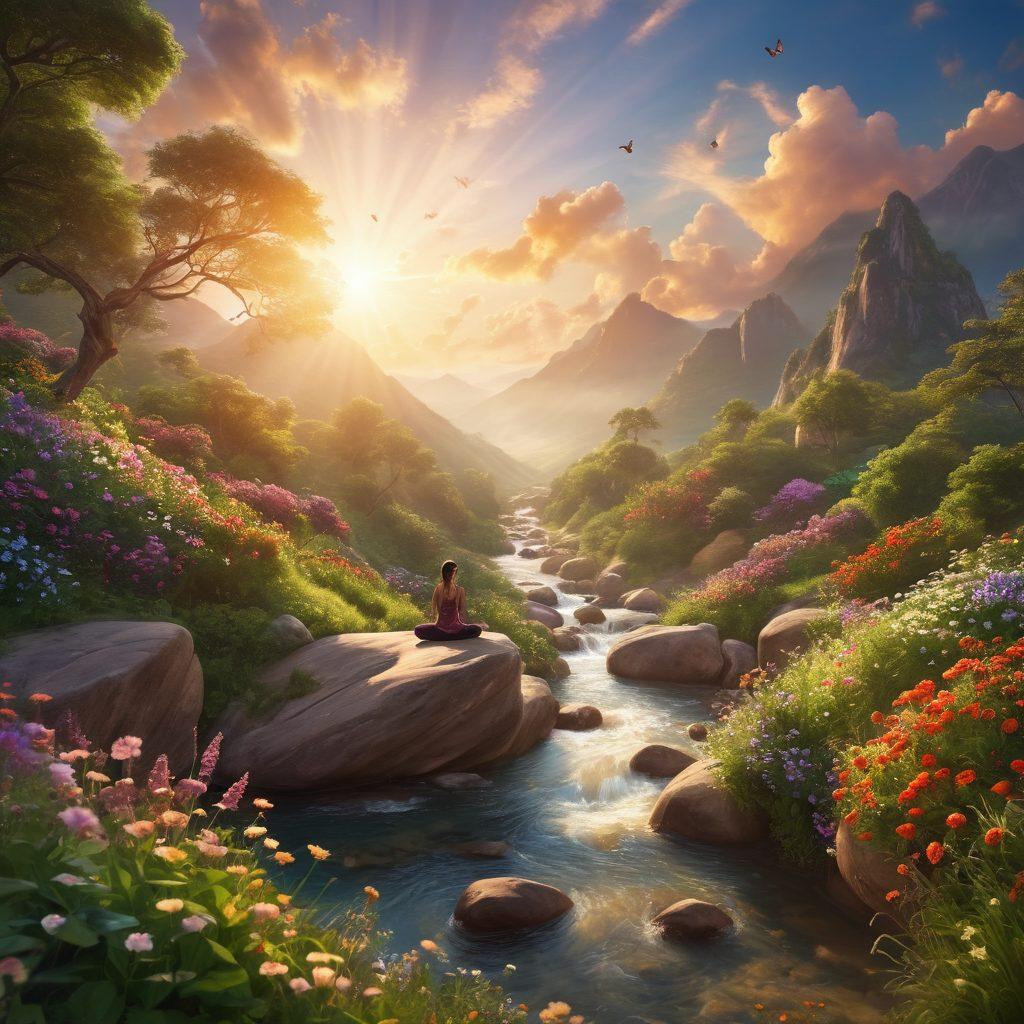 A serene landscape featuring a person practicing yoga on a mountainside at sunrise, surrounded by lush greenery and blooming flowers. The scene radiates tranquility and joy, with gentle rays of sunlight breaking through fluffy clouds. Include elements of nature like a flowing river and colorful butterflies to symbolize joy. super-realistic. vibrant colors. soft focus.